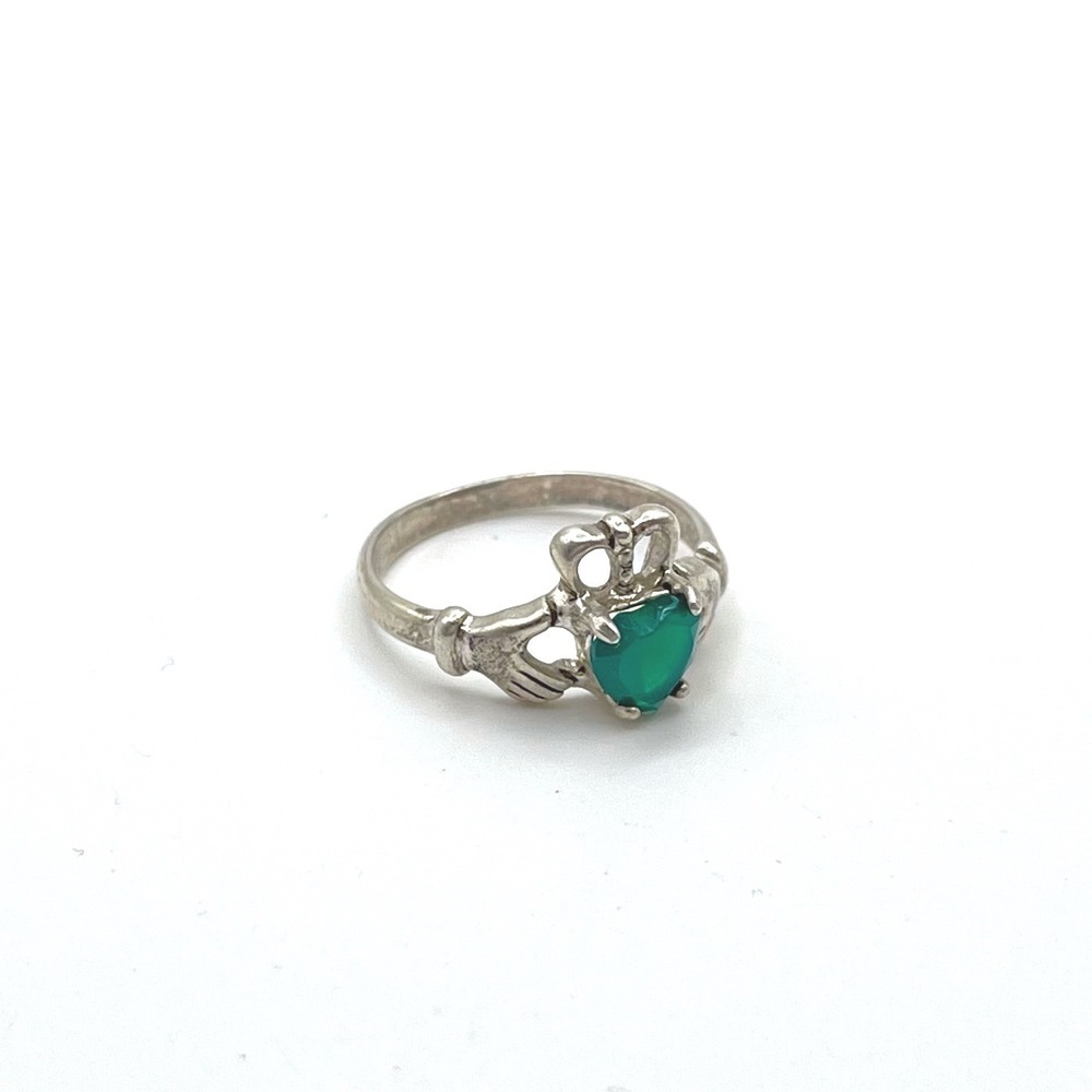 Vintage Sterling Silver Claddagh Ring Green Heart Stone Size 5.75 Irish‎ Jewelry